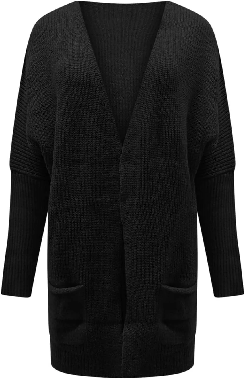 Knit Crochet Sweater Cardigan for Women Open Front Solid Long Sleeve Outwear with Pockets 2024 Winter