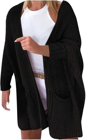 Knit Crochet Sweater Cardigan for Women Open Front Solid Long Sleeve Outwear with Pockets 2024 Winter