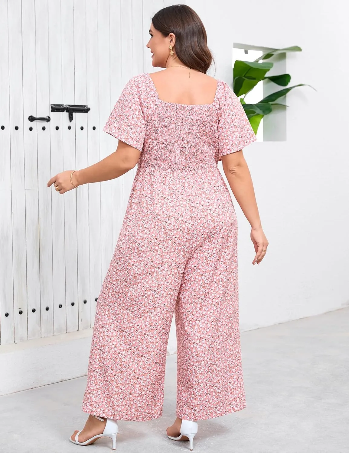 KOJOOIN Womens Plus Size Casual Summer Jumpsuits Sweetheart Neck Ruffle Short Sleeve Smocked Wide Leg Rompers with Pockets