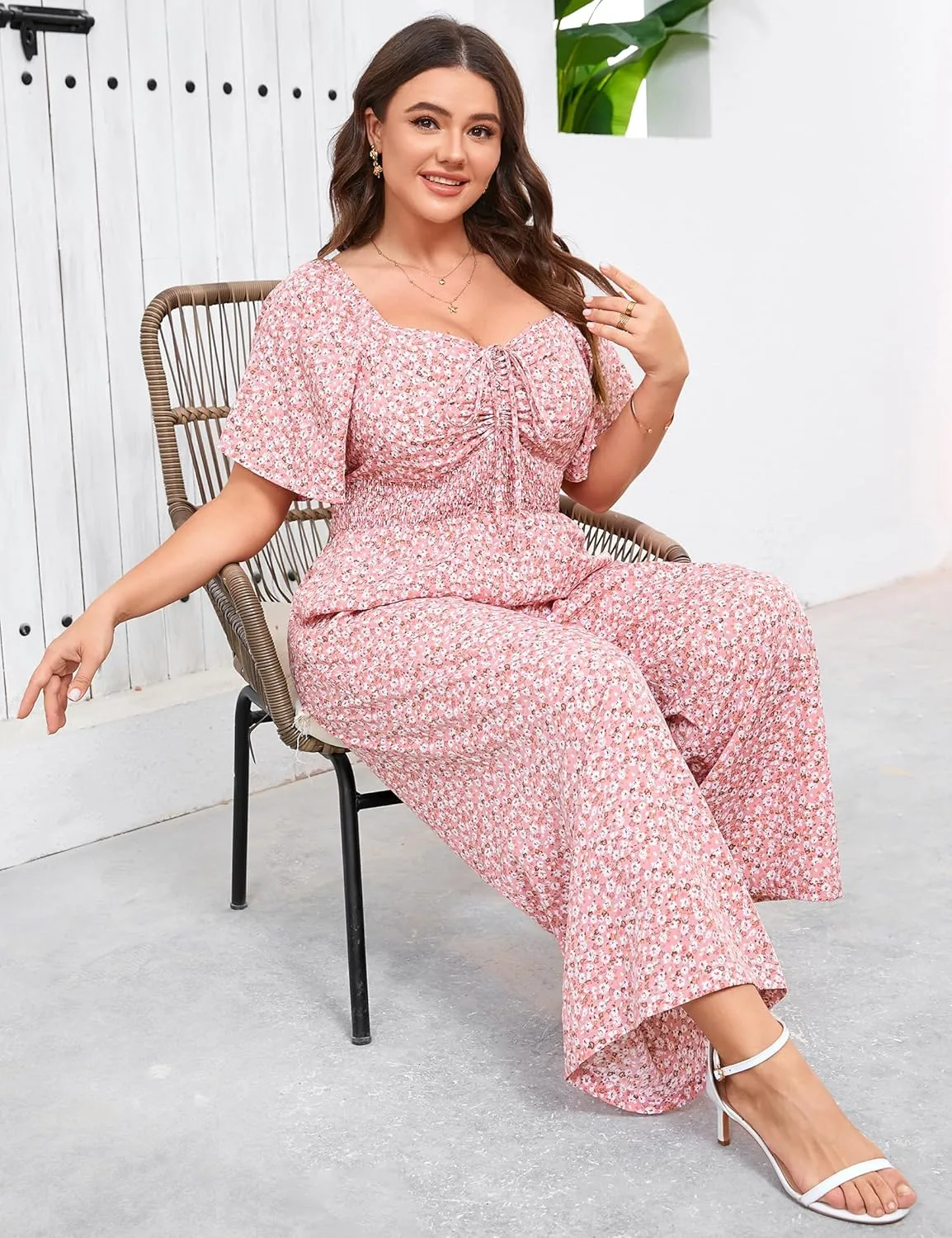 KOJOOIN Womens Plus Size Casual Summer Jumpsuits Sweetheart Neck Ruffle Short Sleeve Smocked Wide Leg Rompers with Pockets