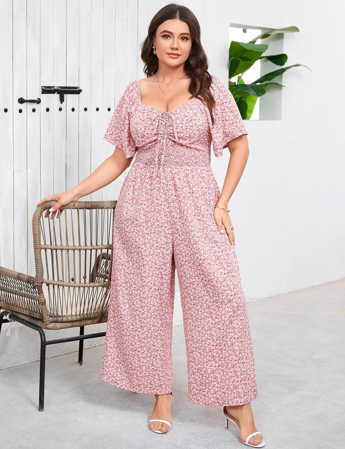 KOJOOIN Womens Plus Size Casual Summer Jumpsuits Sweetheart Neck Ruffle Short Sleeve Smocked Wide Leg Rompers with Pockets