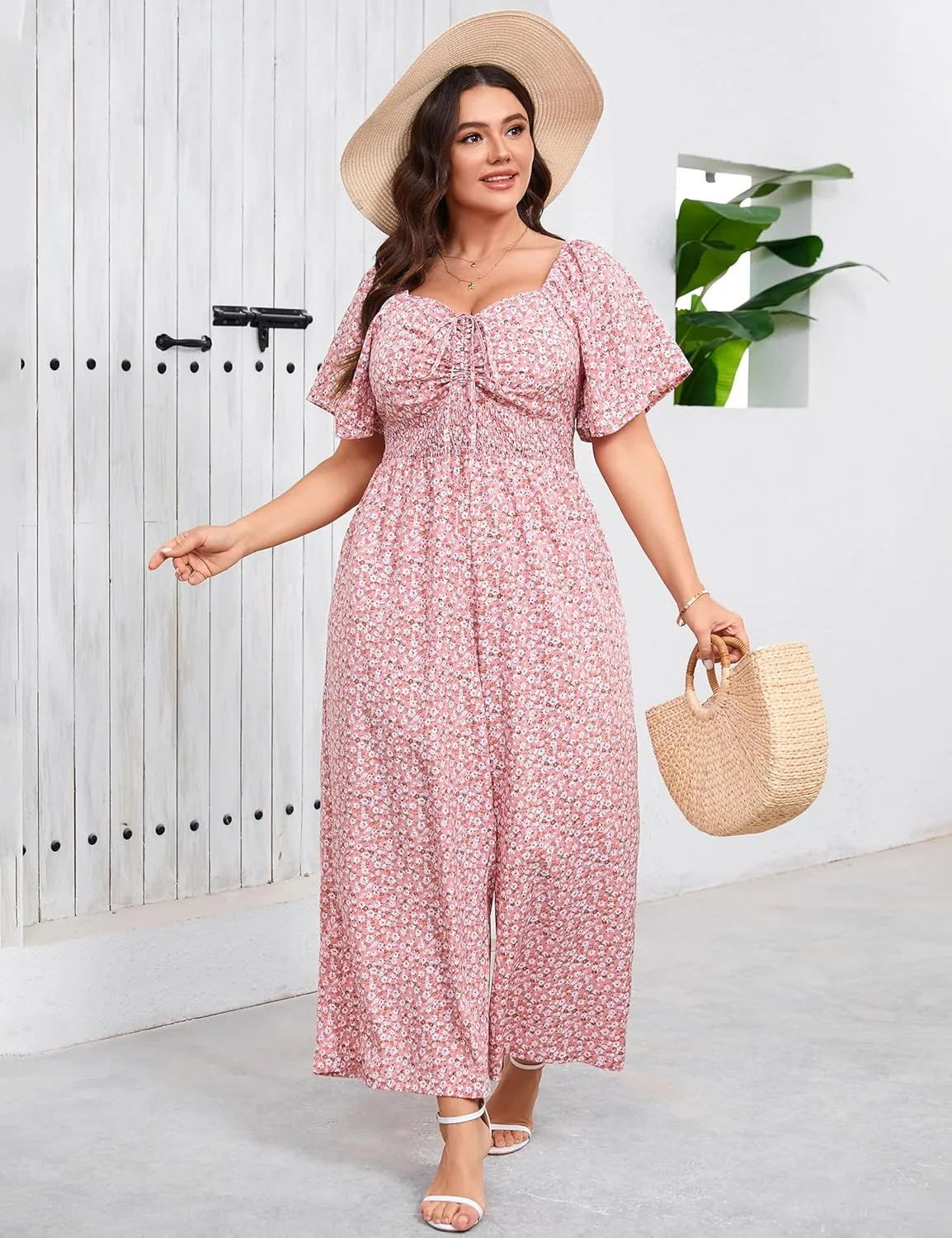 KOJOOIN Womens Plus Size Casual Summer Jumpsuits Sweetheart Neck Ruffle Short Sleeve Smocked Wide Leg Rompers with Pockets