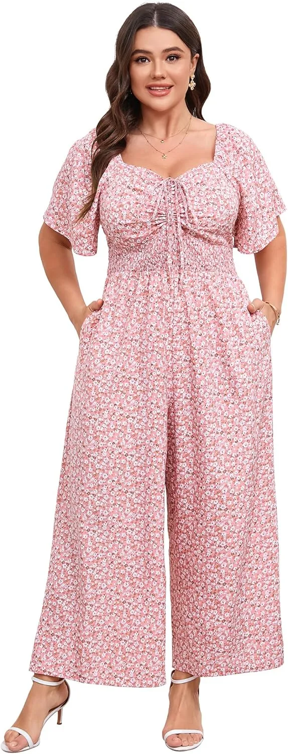 KOJOOIN Womens Plus Size Casual Summer Jumpsuits Sweetheart Neck Ruffle Short Sleeve Smocked Wide Leg Rompers with Pockets