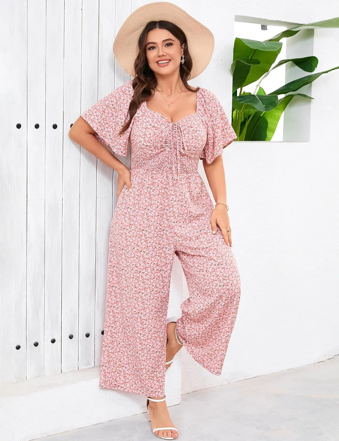 KOJOOIN Womens Plus Size Casual Summer Jumpsuits Sweetheart Neck Ruffle Short Sleeve Smocked Wide Leg Rompers with Pockets