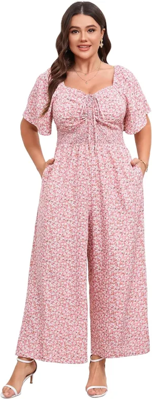 KOJOOIN Womens Plus Size Casual Summer Jumpsuits Sweetheart Neck Ruffle Short Sleeve Smocked Wide Leg Rompers with Pockets