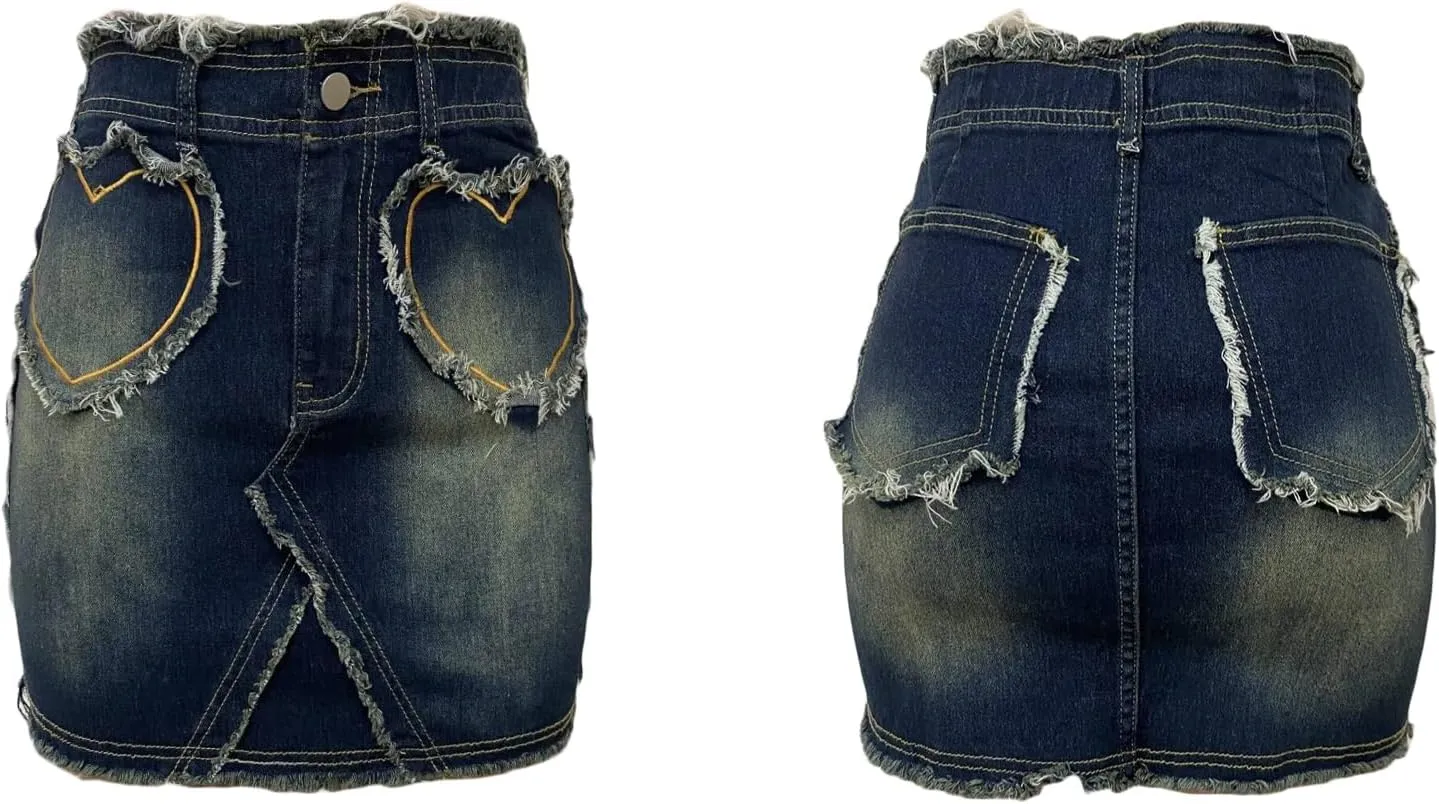 LAJIOJIO Women's Sexy Denim Skirt High Waist Frayed Raw Hem Ripped Mini Jean Short Skirts with Buttons