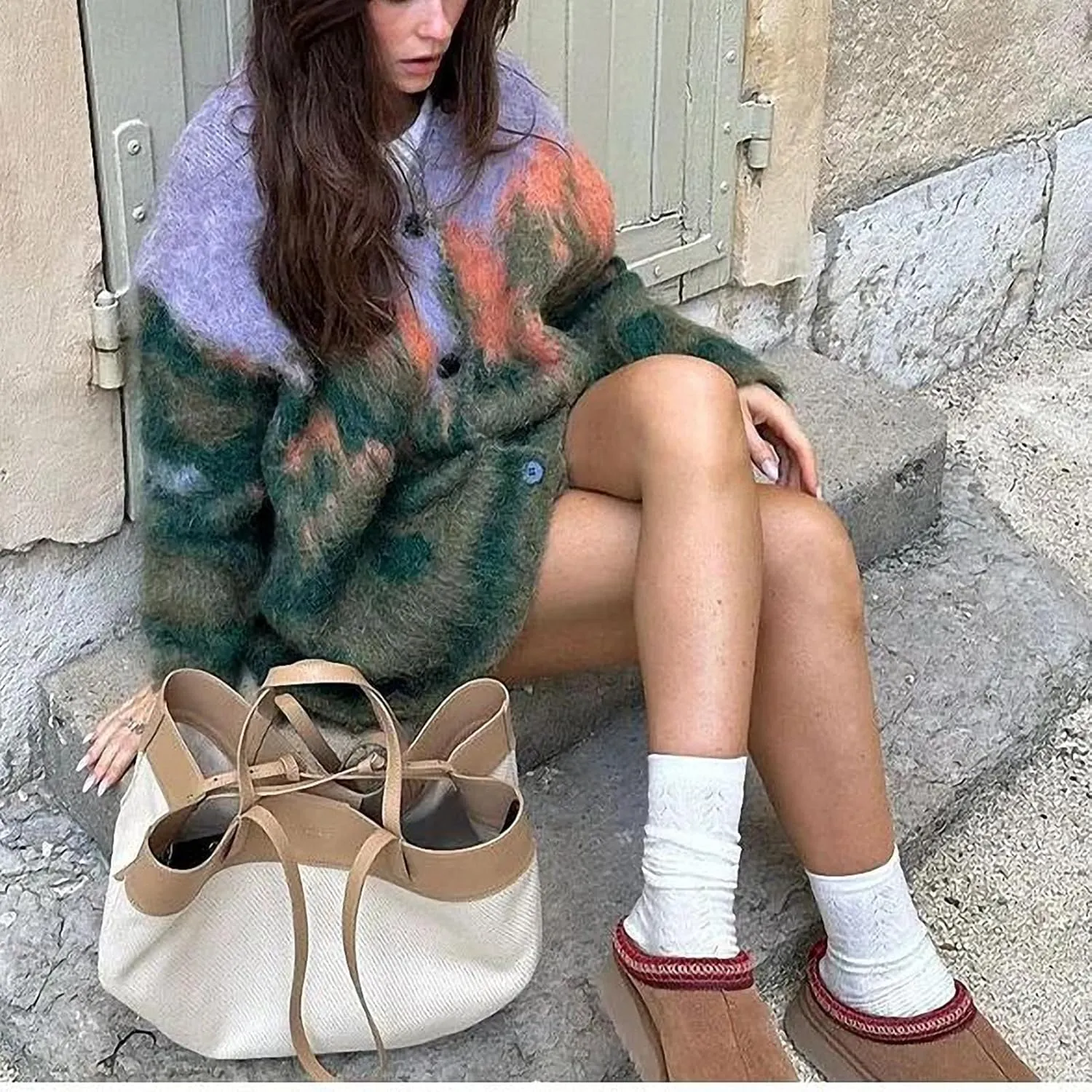 Landscape Paint Tie Dyed Women's Cardigan Sweater Autumn V-Neck Single Breasted Female Sweaters Winter Lady Outwear