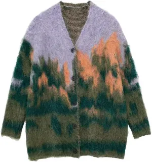 Landscape Paint Tie Dyed Women's Cardigan Sweater Autumn V-Neck Single Breasted Female Sweaters Winter Lady Outwear