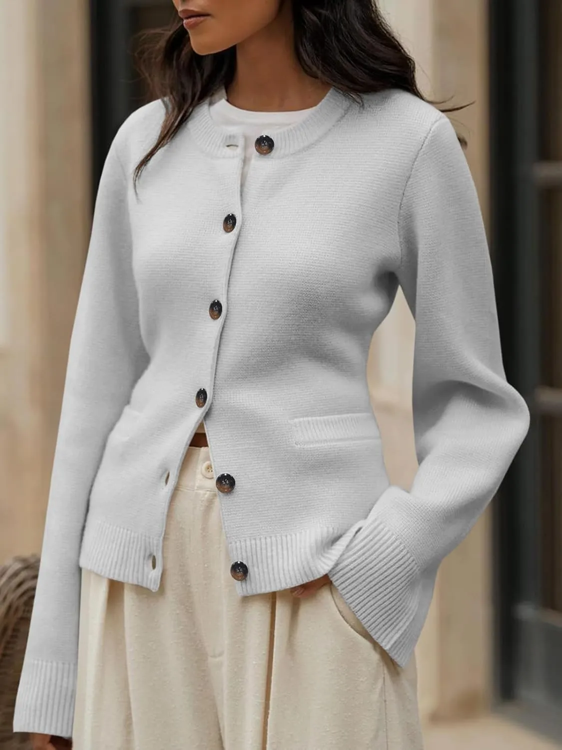 Langwyqu Womens Button Down Cardigan Sweaters Open Front Long Sleeve Slim Fit Sweater Coat Winter Solid Outwear with Pockets