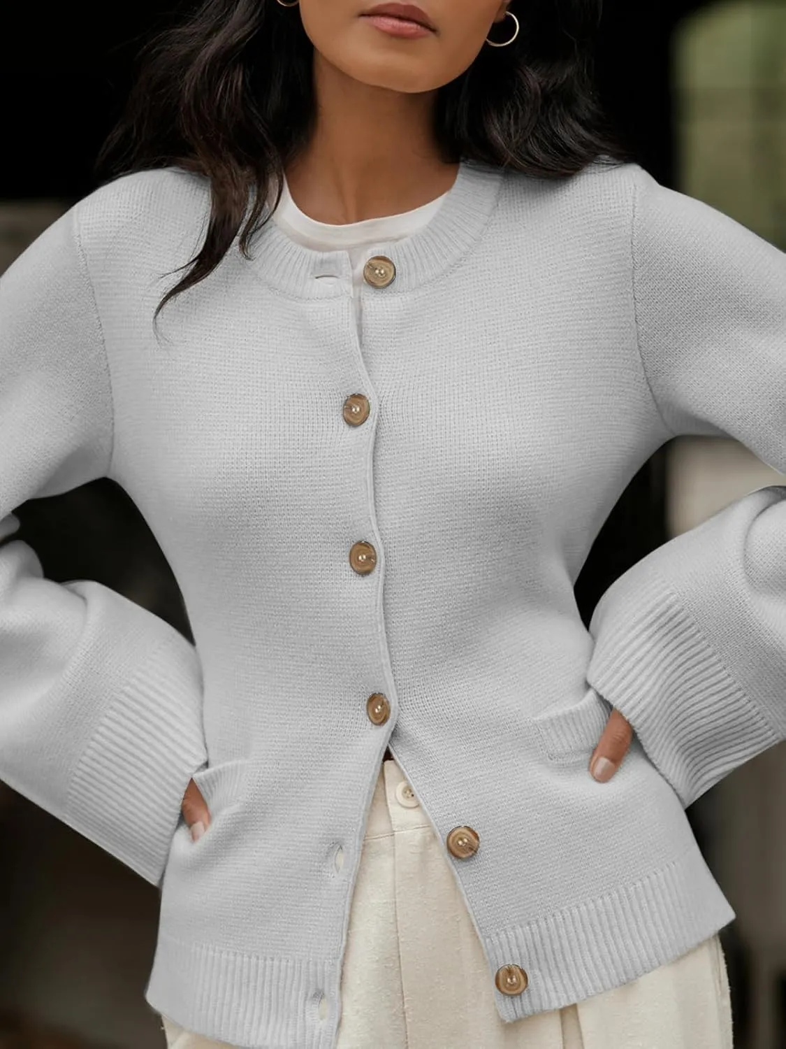 Langwyqu Womens Button Down Cardigan Sweaters Open Front Long Sleeve Slim Fit Sweater Coat Winter Solid Outwear with Pockets