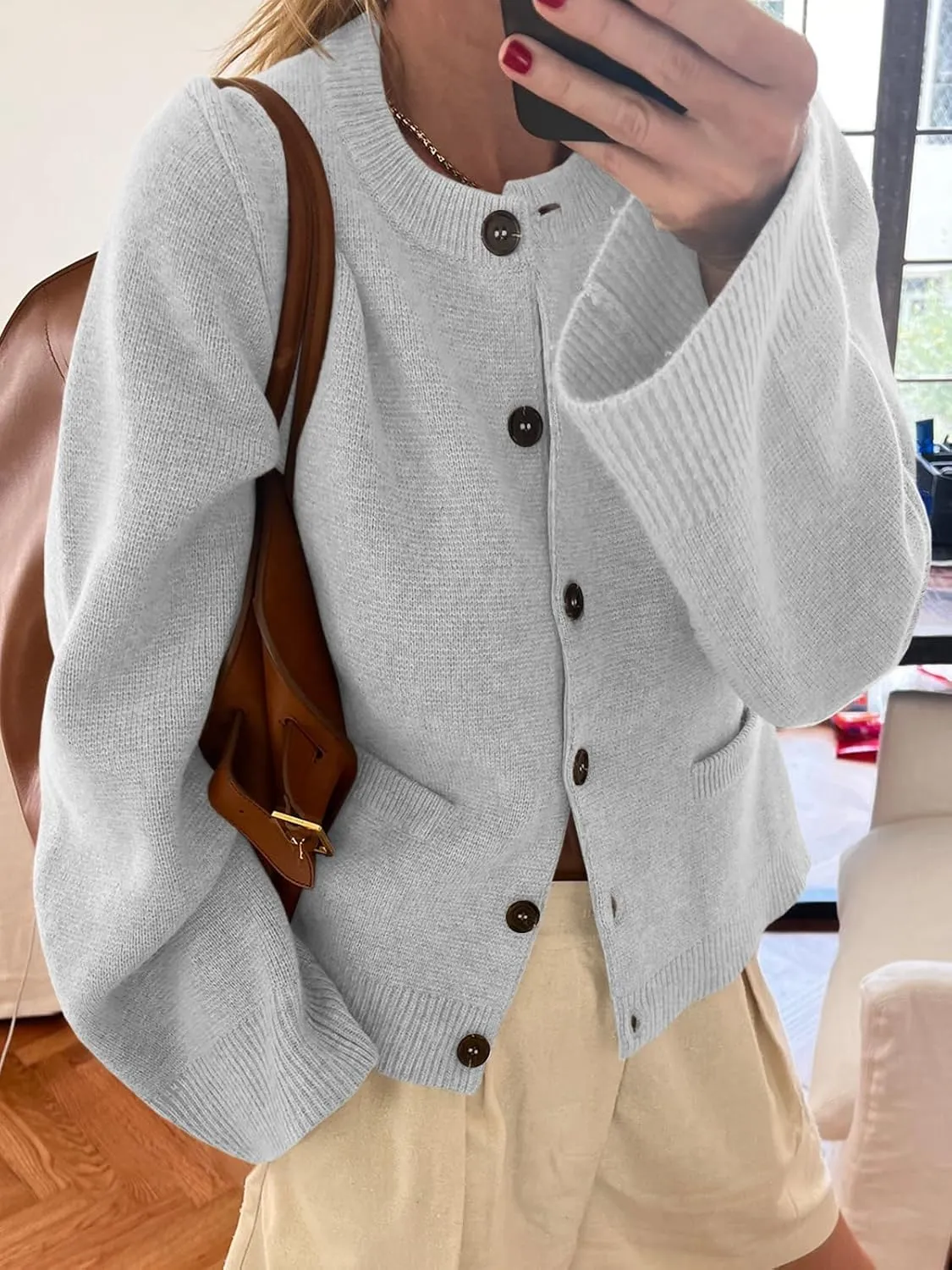 Langwyqu Womens Button Down Cardigan Sweaters Open Front Long Sleeve Slim Fit Sweater Coat Winter Solid Outwear with Pockets
