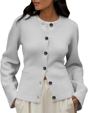 Langwyqu Womens Button Down Cardigan Sweaters Open Front Long Sleeve Slim Fit Sweater Coat Winter Solid Outwear with Pockets