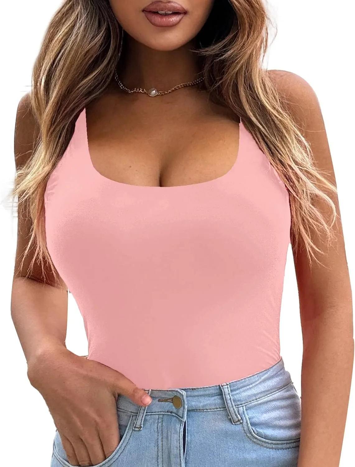 LIDLIT Crew Neck Short Sleeve Bodysuit For WomenBasic Casual Tops For Going Out Double Lined Basic T-shirt Tops