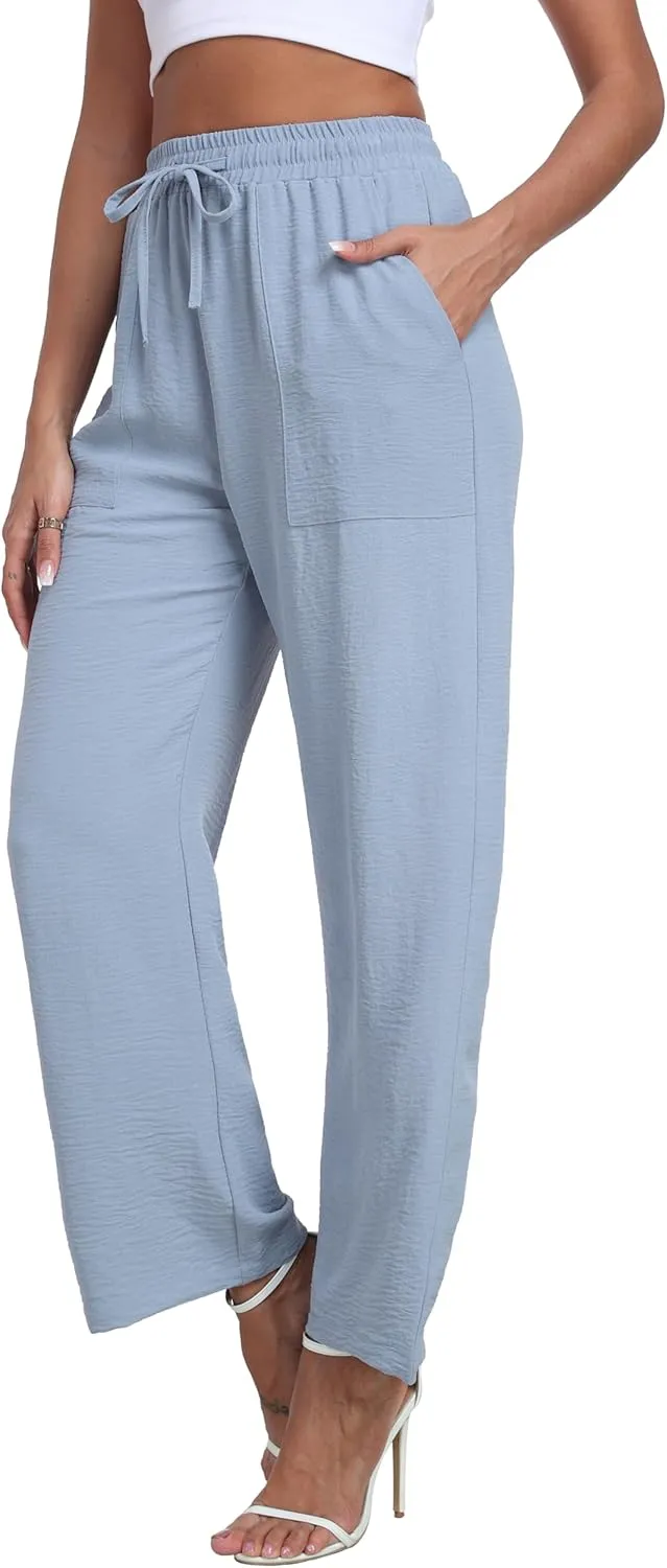 LIGHTBACK Women's Wide Leg Palazzo Pants with Pockets Loose Casual Lounge Pants Comfy Drawstring Work Trousers