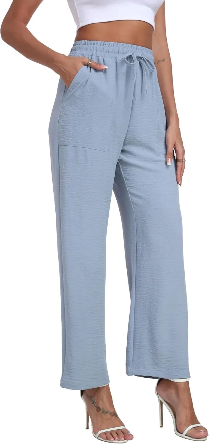 LIGHTBACK Women's Wide Leg Palazzo Pants with Pockets Loose Casual Lounge Pants Comfy Drawstring Work Trousers