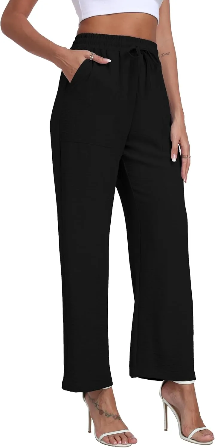 LIGHTBACK Women's Wide Leg Palazzo Pants with Pockets Loose Casual Lounge Pants Comfy Drawstring Work Trousers