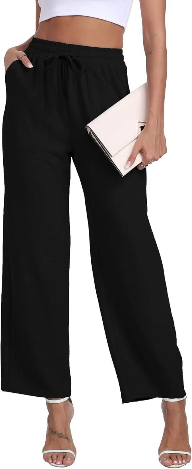 LIGHTBACK Women's Wide Leg Palazzo Pants with Pockets Loose Casual Lounge Pants Comfy Drawstring Work Trousers