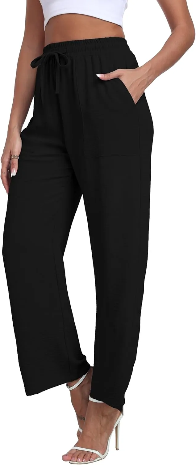 LIGHTBACK Women's Wide Leg Palazzo Pants with Pockets Loose Casual Lounge Pants Comfy Drawstring Work Trousers