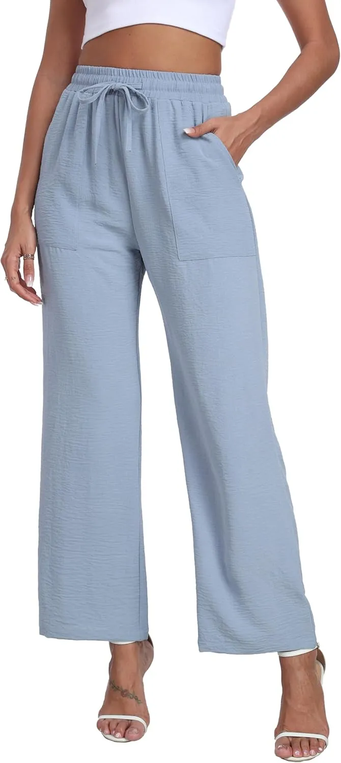 LIGHTBACK Women's Wide Leg Palazzo Pants with Pockets Loose Casual Lounge Pants Comfy Drawstring Work Trousers