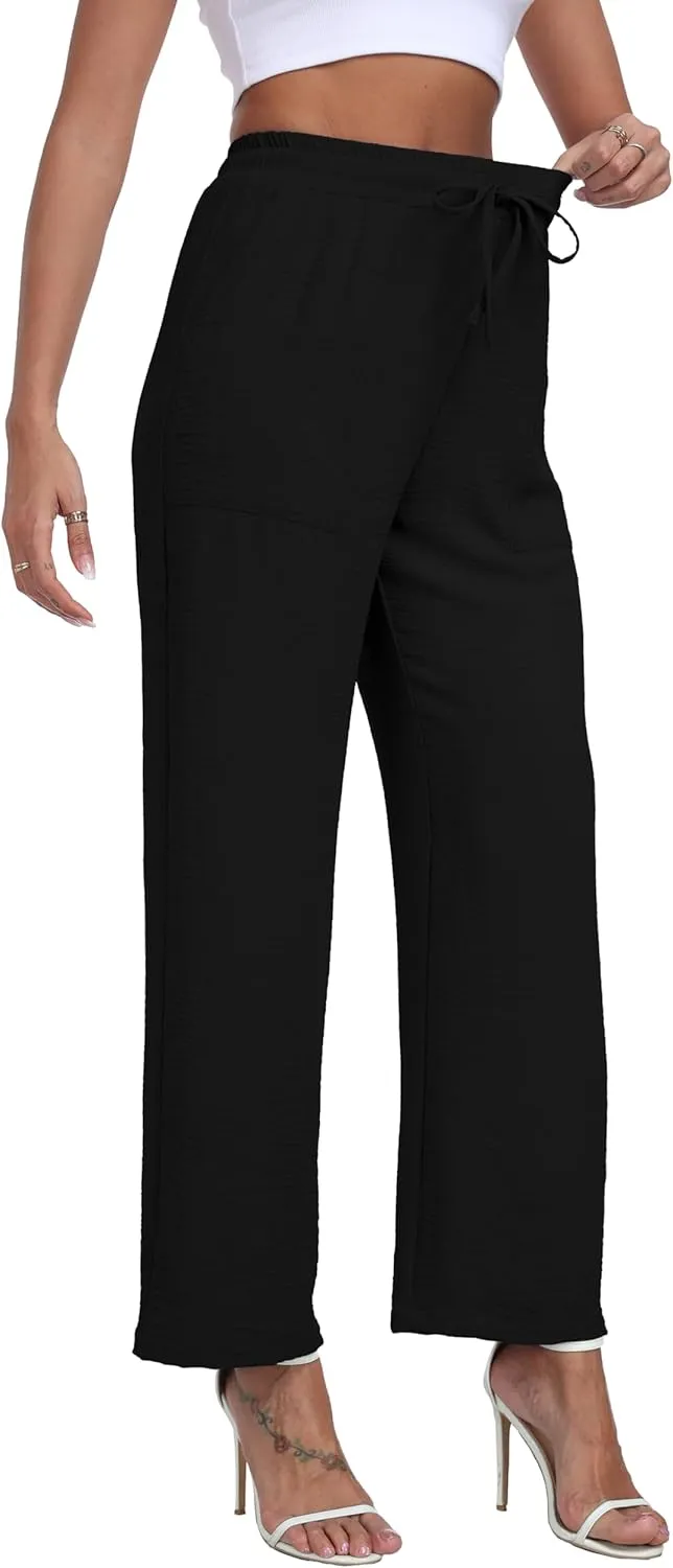 LIGHTBACK Women's Wide Leg Palazzo Pants with Pockets Loose Casual Lounge Pants Comfy Drawstring Work Trousers