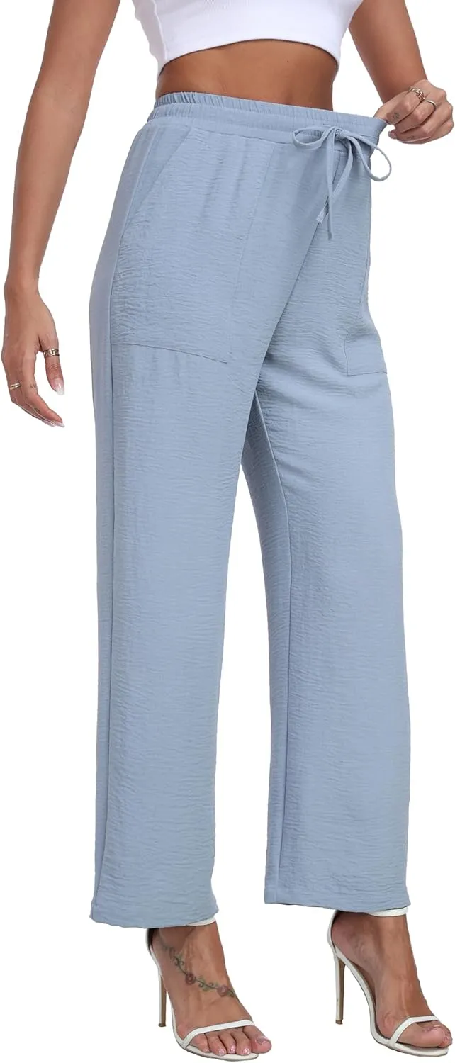 LIGHTBACK Women's Wide Leg Palazzo Pants with Pockets Loose Casual Lounge Pants Comfy Drawstring Work Trousers