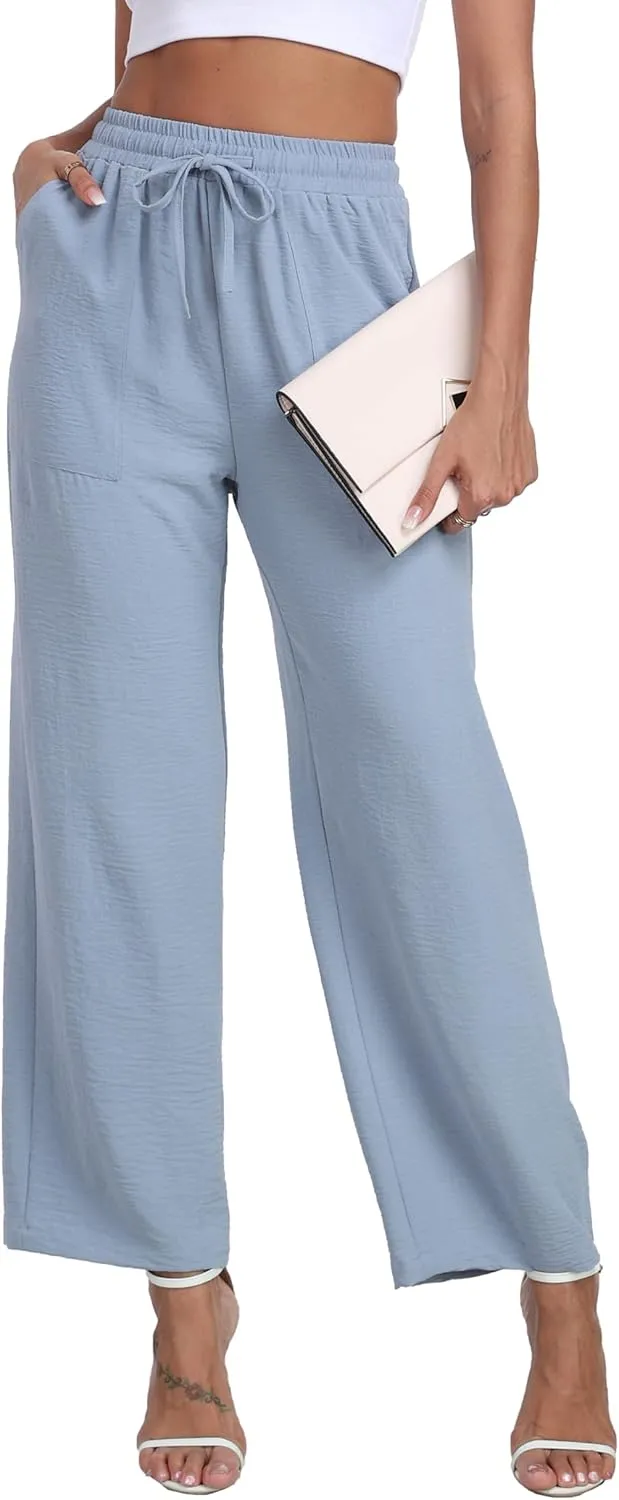 LIGHTBACK Women's Wide Leg Palazzo Pants with Pockets Loose Casual Lounge Pants Comfy Drawstring Work Trousers