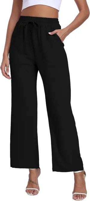 LIGHTBACK Women's Wide Leg Palazzo Pants with Pockets Loose Casual Lounge Pants Comfy Drawstring Work Trousers