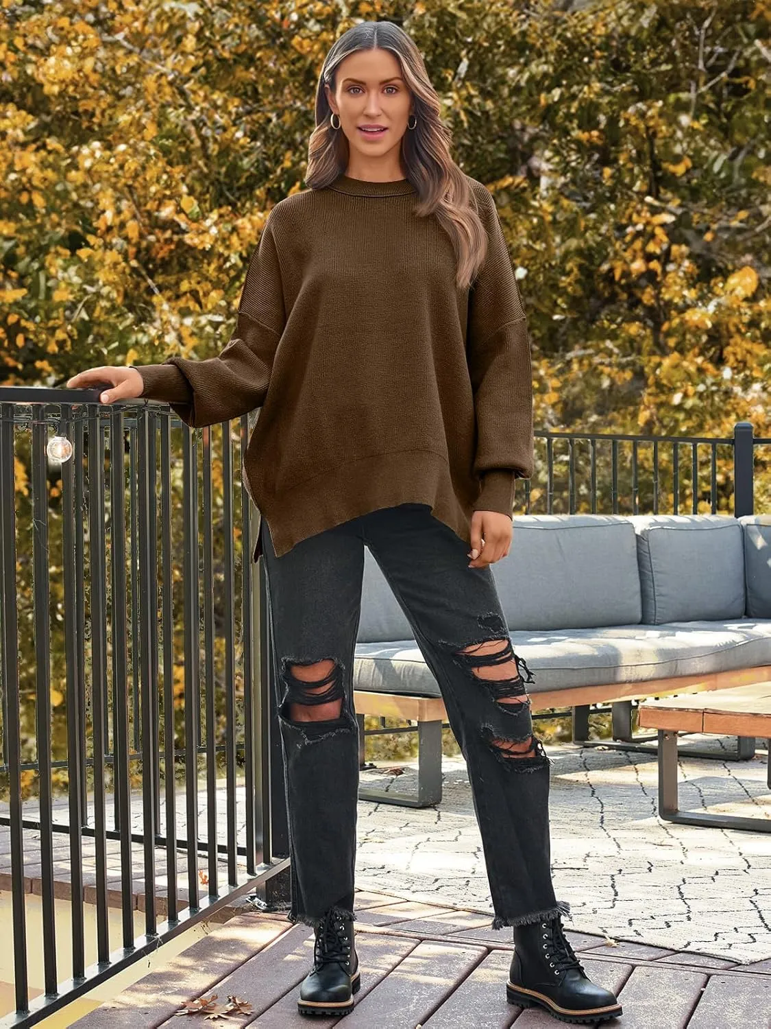LILLUSORY Women's Oversized Batwing Sweaters 2025 Fall Outfits Trendy Crewneck Knit Side Slit Fashion Pullover Tops