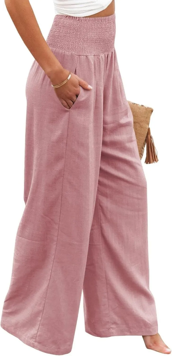 Linen Palazzo Pants for Women High Waist Summer Wide Leg Pants Lightweight Flowy Drawstring Smocked Lounge Trousers