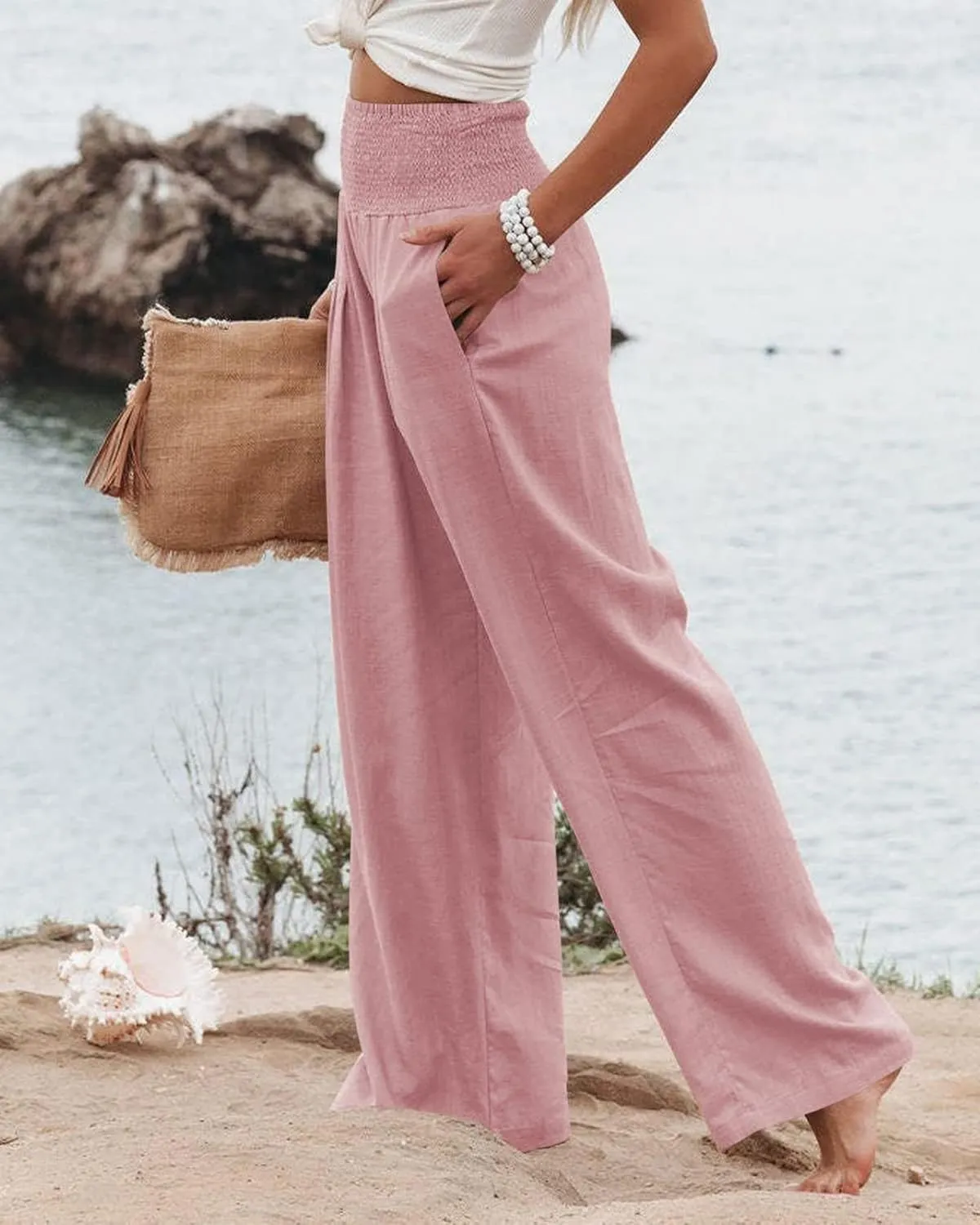 Linen Palazzo Pants for Women High Waist Summer Wide Leg Pants Lightweight Flowy Drawstring Smocked Lounge Trousers