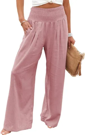 Linen Palazzo Pants for Women High Waist Summer Wide Leg Pants Lightweight Flowy Drawstring Smocked Lounge Trousers