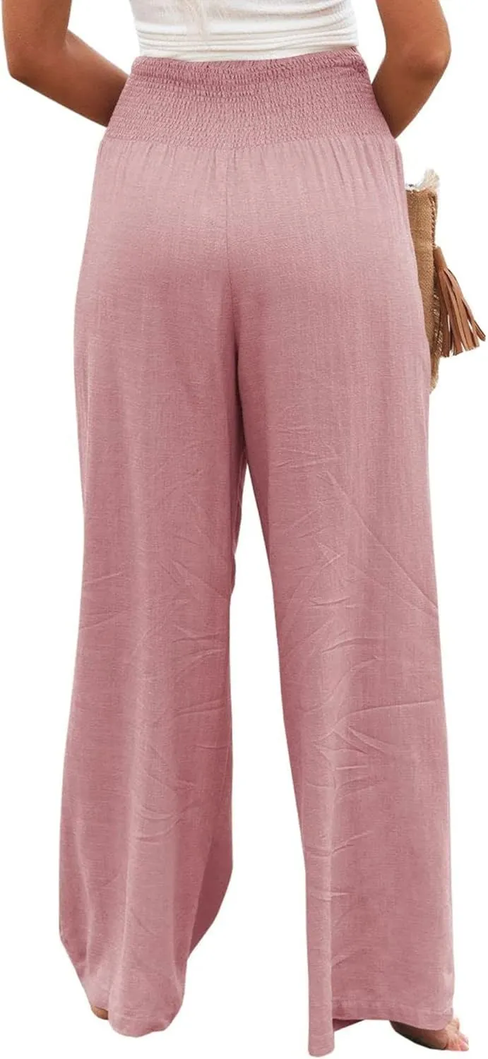 Linen Palazzo Pants for Women High Waist Summer Wide Leg Pants Lightweight Flowy Drawstring Smocked Lounge Trousers