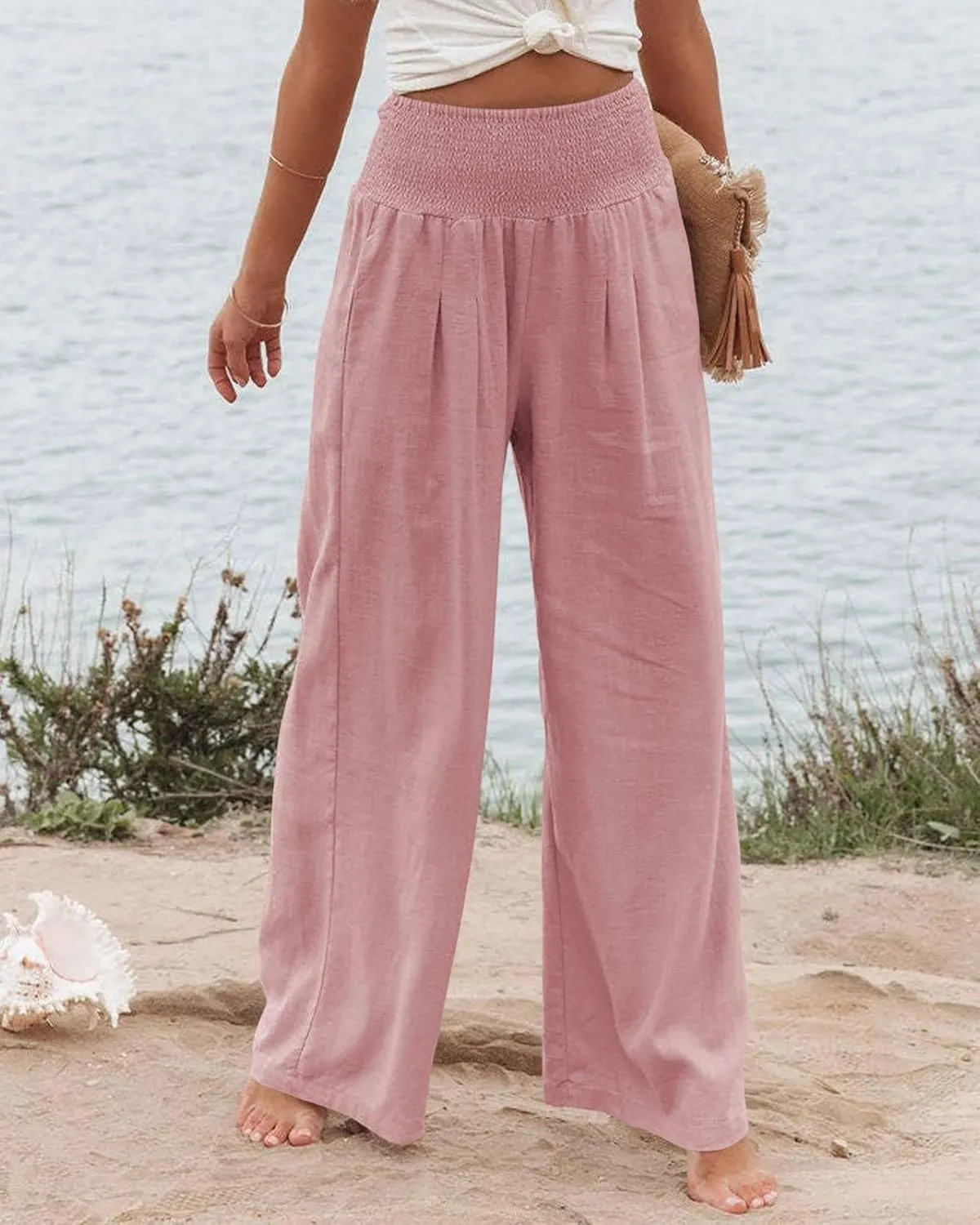 Linen Palazzo Pants for Women High Waist Summer Wide Leg Pants Lightweight Flowy Drawstring Smocked Lounge Trousers