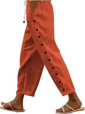 Linen Pants for Women Wide Straight Leg Side Button Pants 2025 Plus Size Baggy Elastic Waist Trousers with Pockets