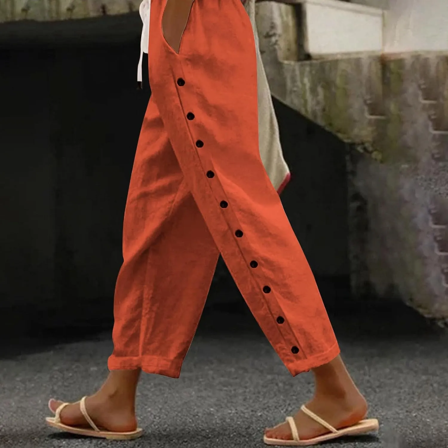 Linen Pants for Women Wide Straight Leg Side Button Pants 2025 Plus Size Baggy Elastic Waist Trousers with Pockets