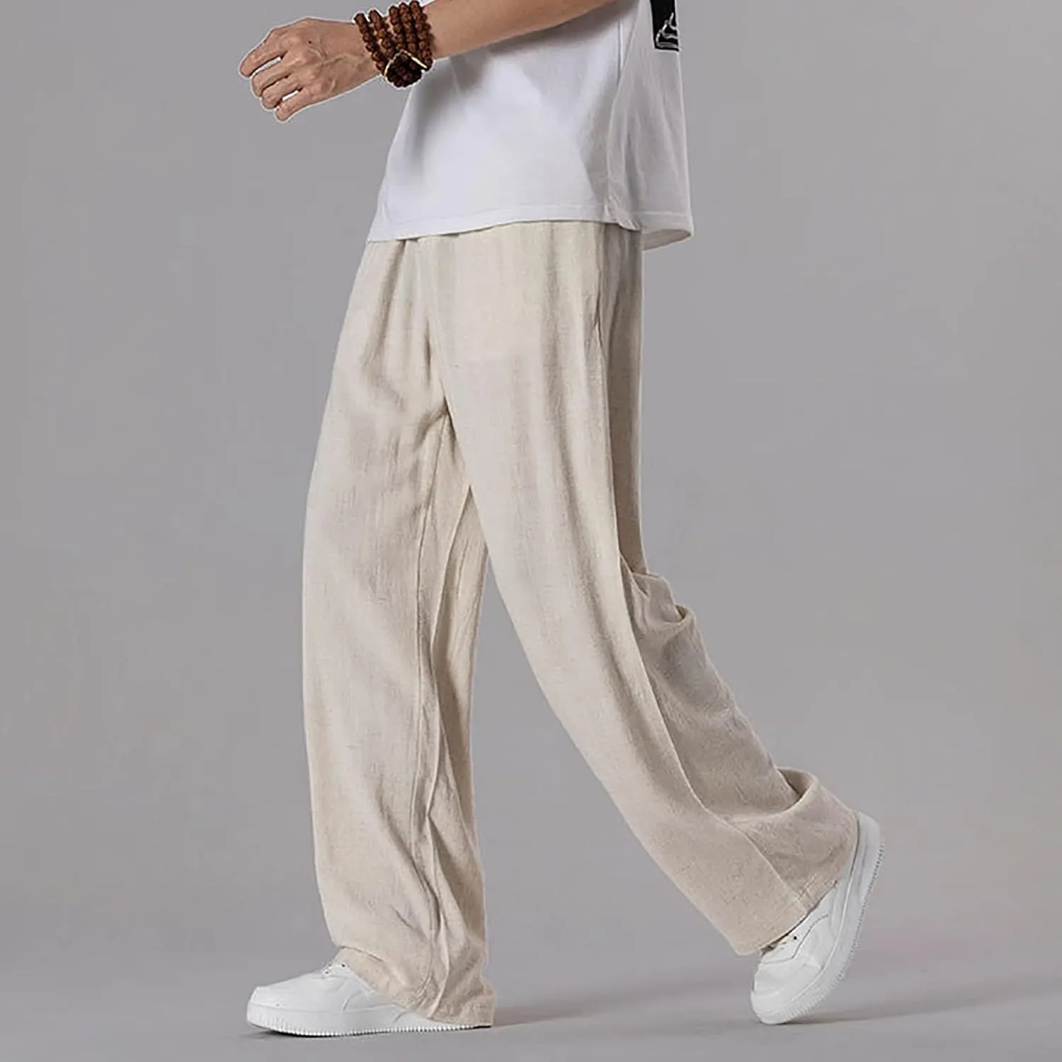Linen Pants Men Tapered Leg Casual Drawstring Elastic Waist Beach Yoga Pants Summer Lightweight Trousers with Pockets