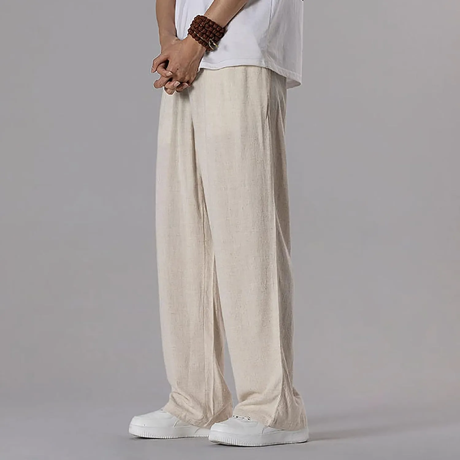 Linen Pants Men Tapered Leg Casual Drawstring Elastic Waist Beach Yoga Pants Summer Lightweight Trousers with Pockets