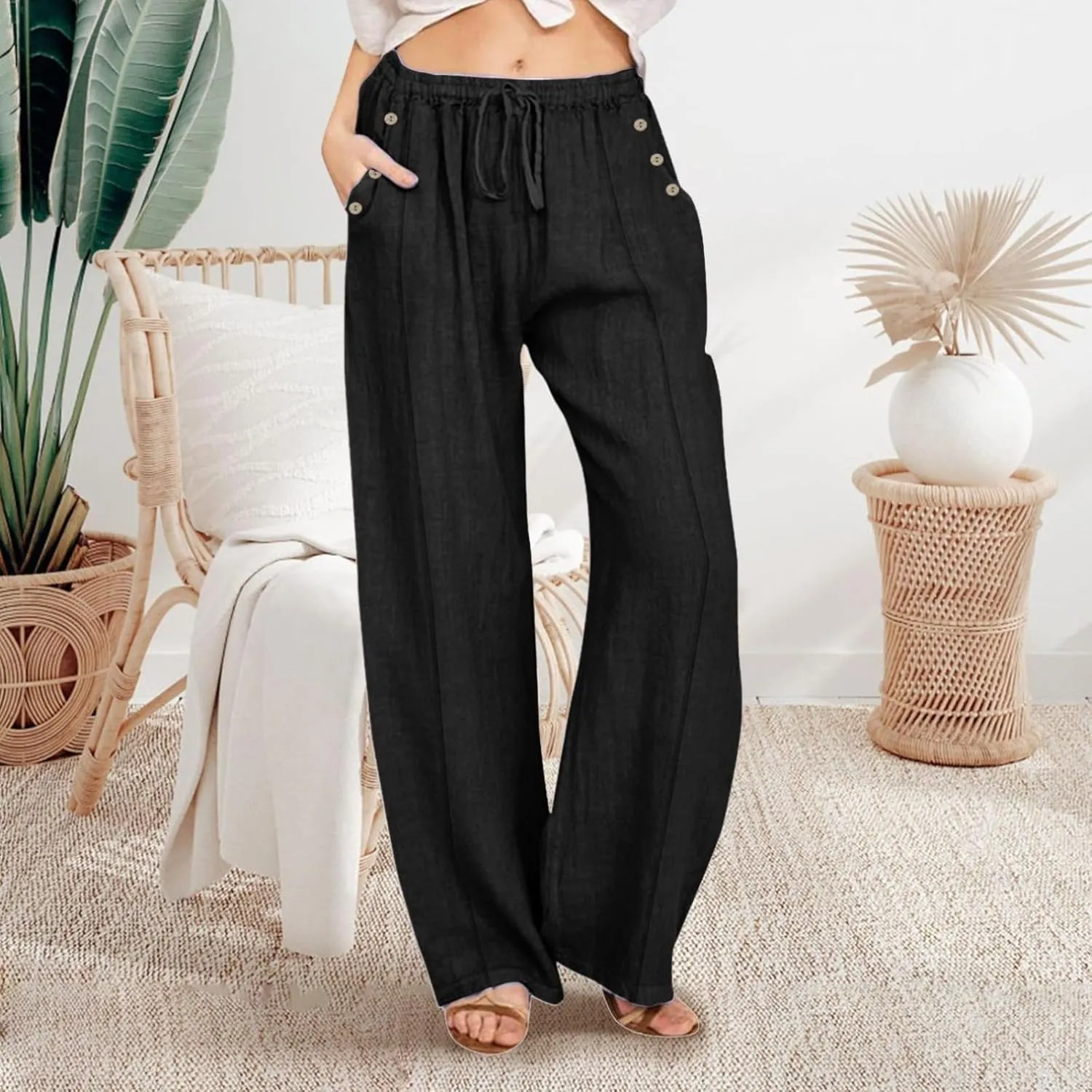 Linen Pants Women Plus Size Palazzo Pants Wide Leg Pant Loose Fit Casual Comfy Lounge Flowy High Waist Trousers