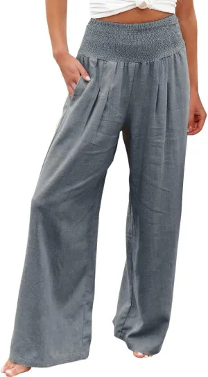 Linen Pants Women Summer Baggy Wide Leg High Waisted Palazzo Pants Plus Size Casual Lounge Comfy Flowy Beach Trousers