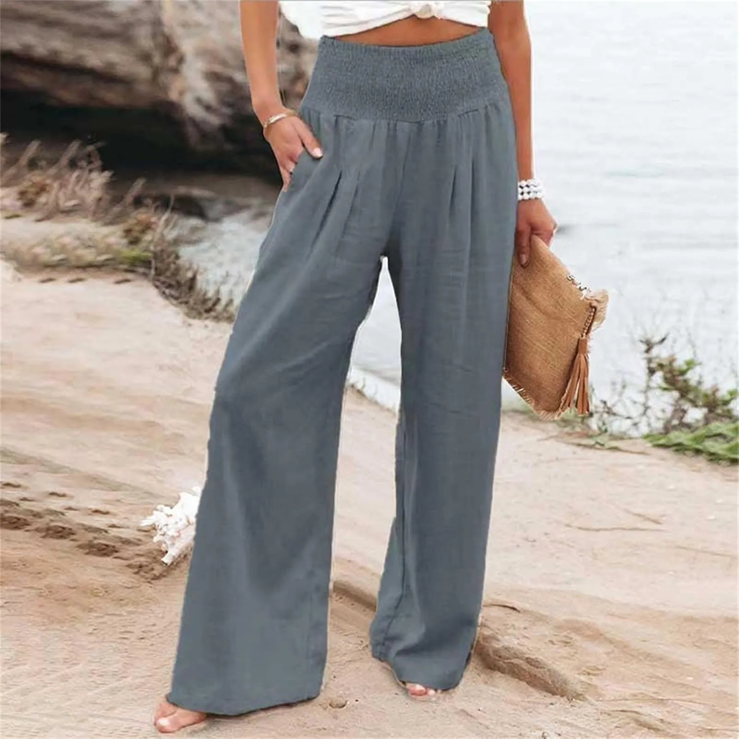 Linen Pants Women Summer Baggy Wide Leg High Waisted Palazzo Pants Plus Size Casual Lounge Comfy Flowy Beach Trousers