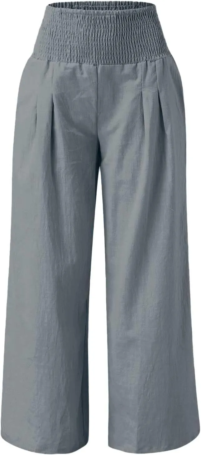 Linen Pants Women Summer Baggy Wide Leg High Waisted Palazzo Pants Plus Size Casual Lounge Comfy Flowy Beach Trousers
