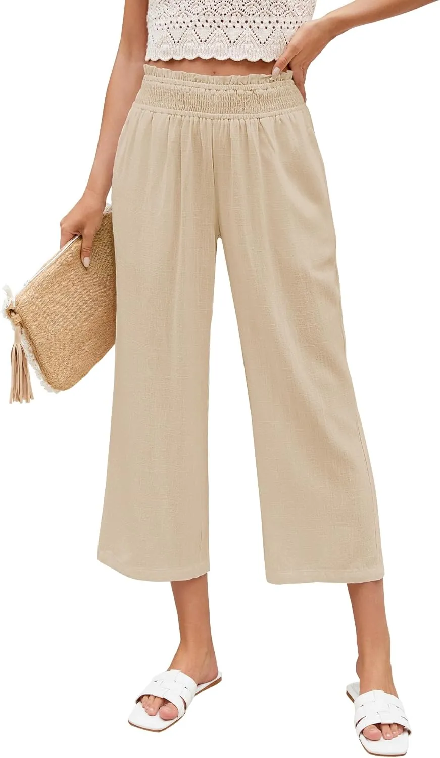 LookbookStore Linen Pants Women Capri Wide Leg High Wasited Pull On Elasitc Waist Summer Beach Palazzo Capris Pants