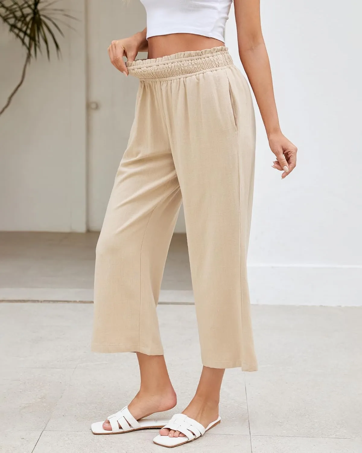 LookbookStore Linen Pants Women Capri Wide Leg High Wasited Pull On Elasitc Waist Summer Beach Palazzo Capris Pants
