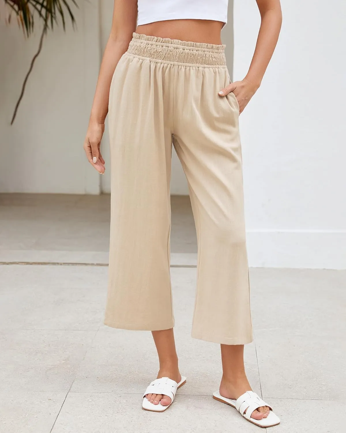 LookbookStore Linen Pants Women Capri Wide Leg High Wasited Pull On Elasitc Waist Summer Beach Palazzo Capris Pants