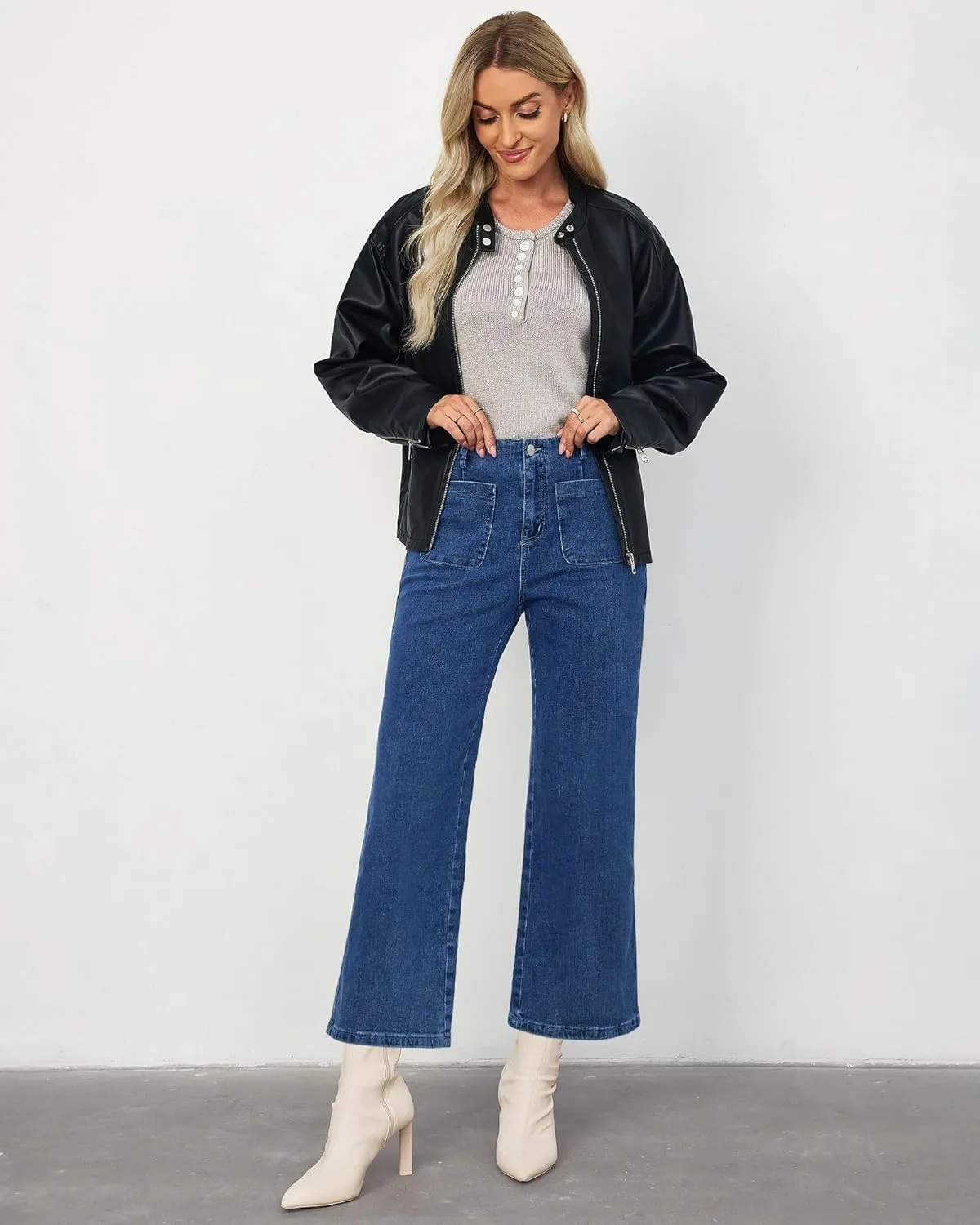 LookbookStore Womens Jeans High Waisted Trendy Cropped Wide Leg Baggy Stretchy Denim Jean Pants Pocket Trousers Jeans