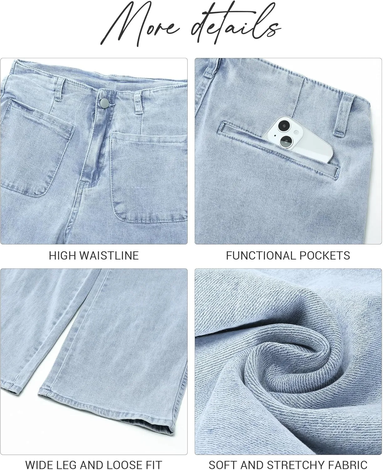 LookbookStore Womens Jeans High Waisted Trendy Cropped Wide Leg Baggy Stretchy Denim Jean Pants Pocket Trousers Jeans