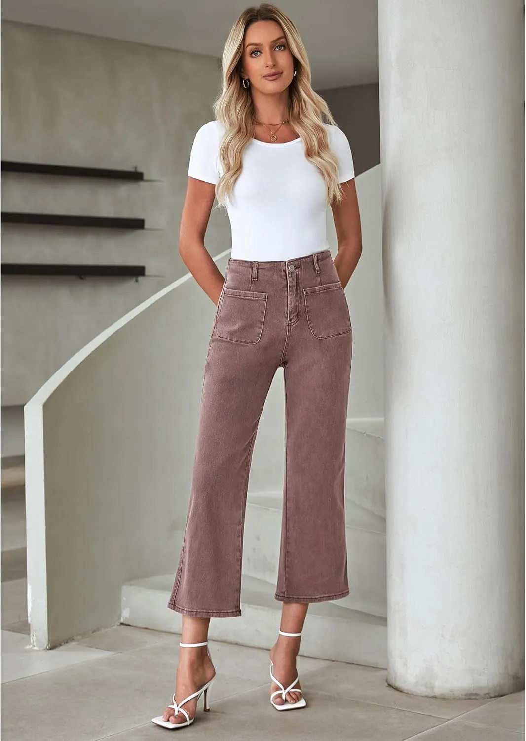 LookbookStore Womens Jeans High Waisted Trendy Cropped Wide Leg Baggy Stretchy Denim Jean Pants Pocket Trousers Jeans