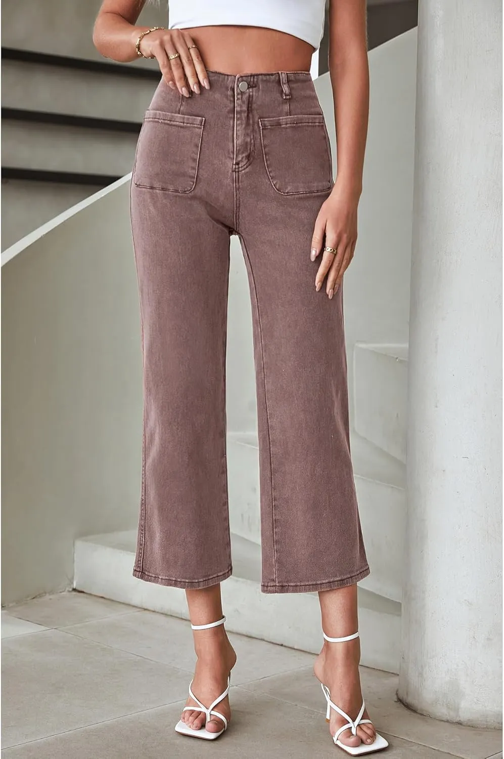 LookbookStore Womens Jeans High Waisted Trendy Cropped Wide Leg Baggy Stretchy Denim Jean Pants Pocket Trousers Jeans