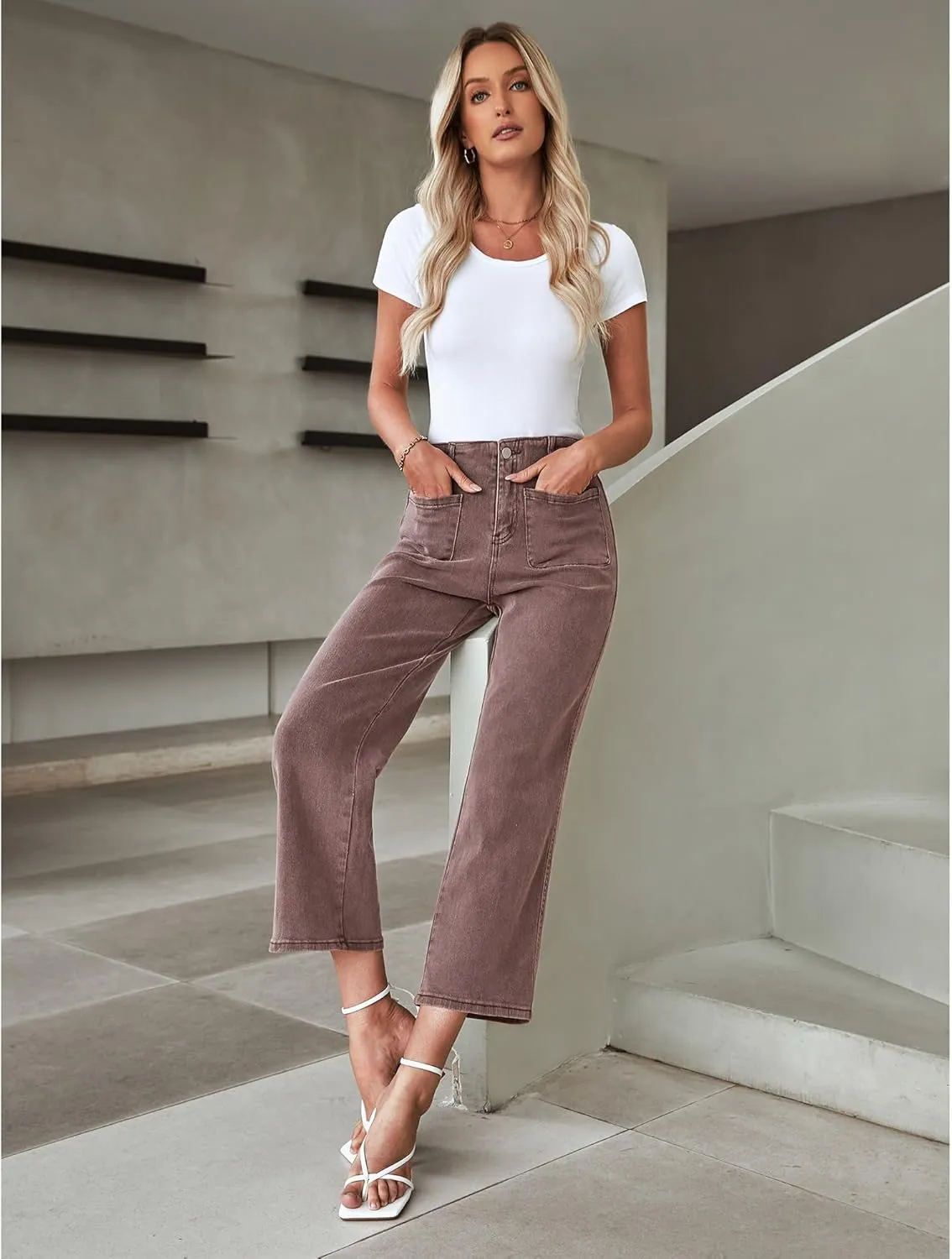 LookbookStore Womens Jeans High Waisted Trendy Cropped Wide Leg Baggy Stretchy Denim Jean Pants Pocket Trousers Jeans