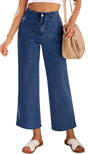 LookbookStore Womens Jeans High Waisted Trendy Cropped Wide Leg Baggy Stretchy Denim Jean Pants Pocket Trousers Jeans